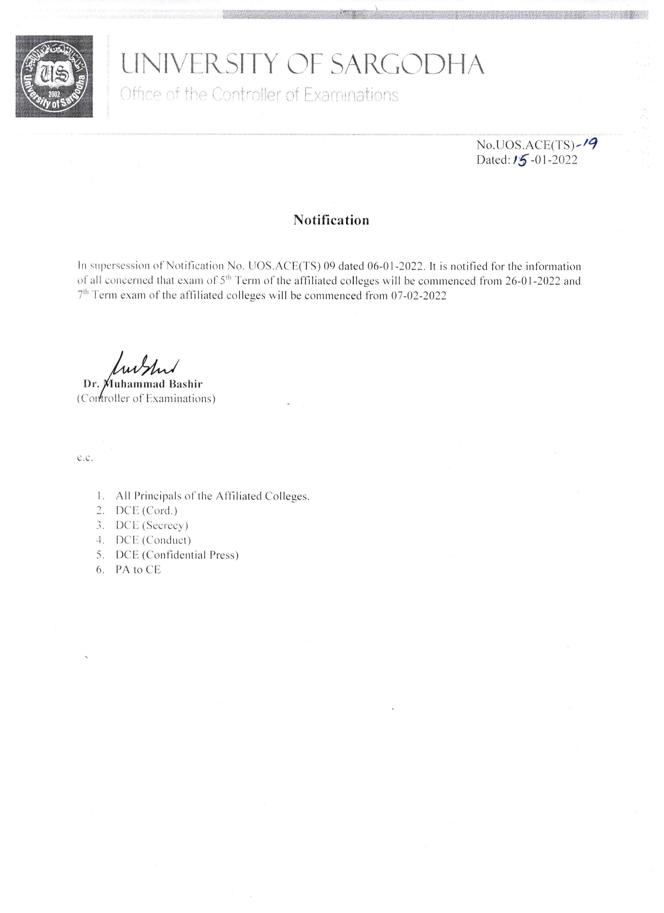 Revised Notification regarding commencement of 5th & 7th Term Exam Affiliated Colleges